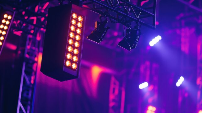 Close up of stage lighting and rigging during a performance