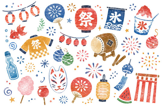 日本の夏祭りスタンプ風イラストセット