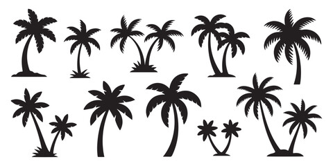 Fototapeta premium Black palm tree silhouette collection set isolated on white background with tropical plant summer vacation theme.