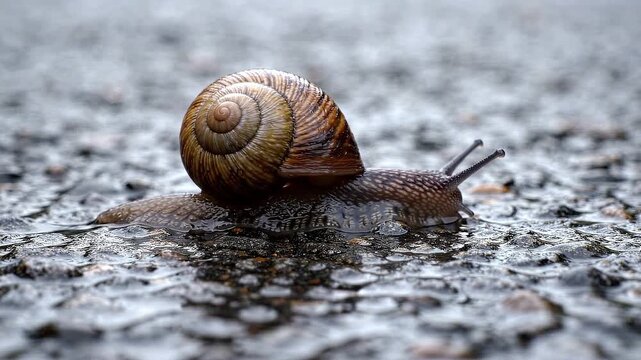 Snail with a spiral shell slowly moves across a wet asphalt surface, leaving a glistening trail behind, showcasing its natural habitat and movement in a close-up view