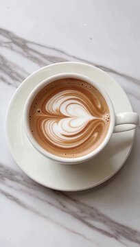 Hot Latte Coffee with Heart Art on Marble Table