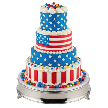 Colorful stacked ice cream cone with red white and blue drips on top
