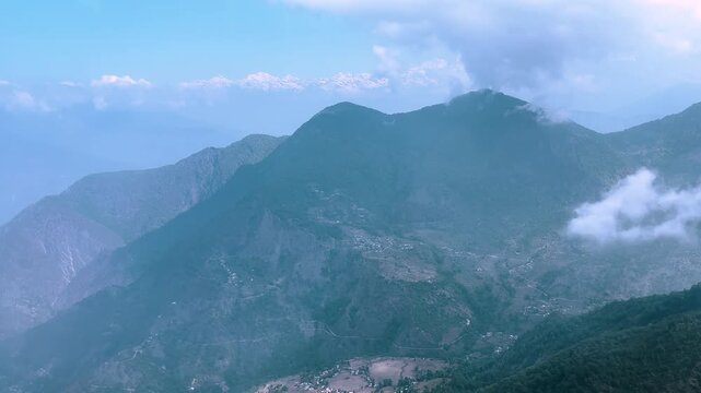Panoramic view of Himalayan range of mountains from  helicopter in Uttarakhand