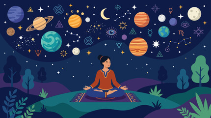 Woman meditating under celestial night sky. © Abhinaya Project