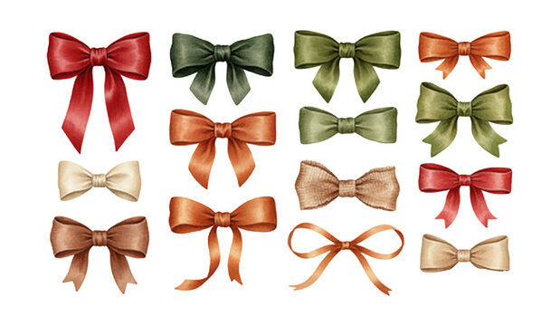 A collection of colorful watercolor bows in various shapes and sizes perfect for gift decoration or festive occasions