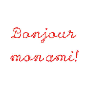 "Bonjour mon ami" French text greeting written in a red nautical rope and cord style typography isolated on a white background.