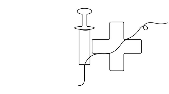 Syringe and medical cross icon sign continuous one line art single drawing on white background minimalist nursing instrument symbol 4k animation video