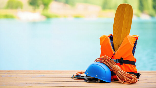 A bright orange life jacket, blue helmet, and climbing rope are arranged on a wooden dock by the water. Essential gear for water sports activities.