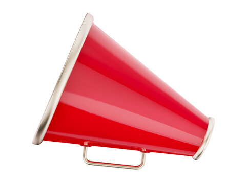 Red megaphone with handle. Loud speaker for voice amplifiing. Bullhorn tool for announcement. Information announcer. Loudspeaker communication equipment. Isolated PNG 3D Illustration