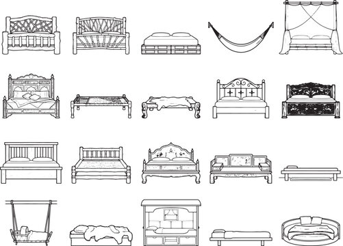 A collection of various bed designs, from modern to rustic, including canopy beds, hammocks, and sofas, presented as detailed line art illustrations.