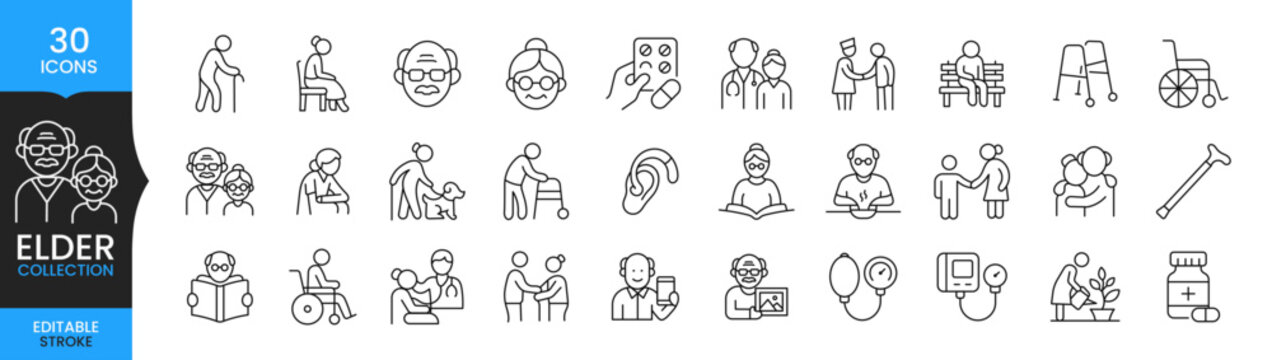 Elder Care Icons Set, Senior Citizen Healthcare Line Icons, Nursing Home, Caregiver, Retirement and Medical Support Vector Collection           