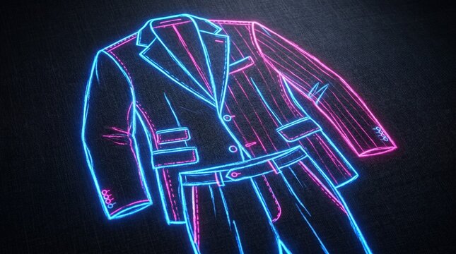 Tailored suit illustration featuring neon blue and pink outlines on a dark fabric background, showcasing intricate details of the jacket and trousers design