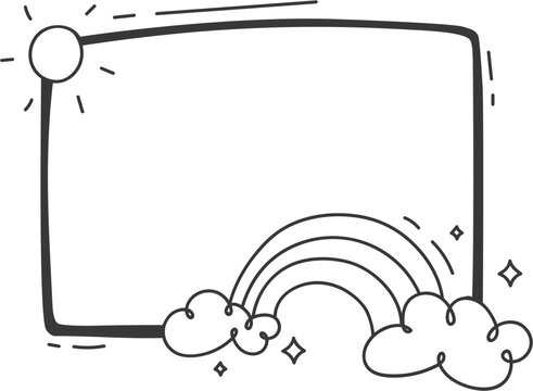 Hand drawn doodle frame with rainbow sun and clouds for children's message board or creative note