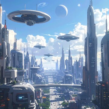 Futuristic cityscape with flying saucers and skyscrapers under a blue sky