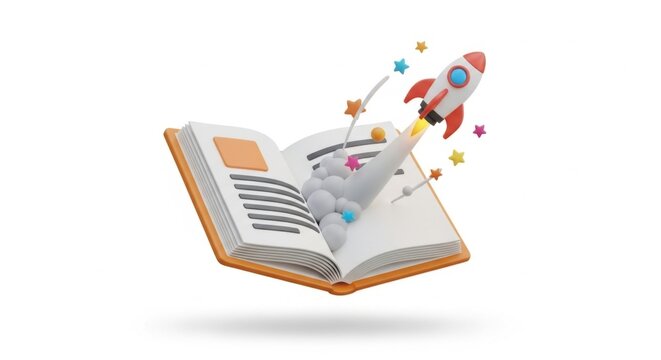 Rocket launching from book with colorful stars