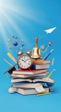 stack of books with school supplies and clock