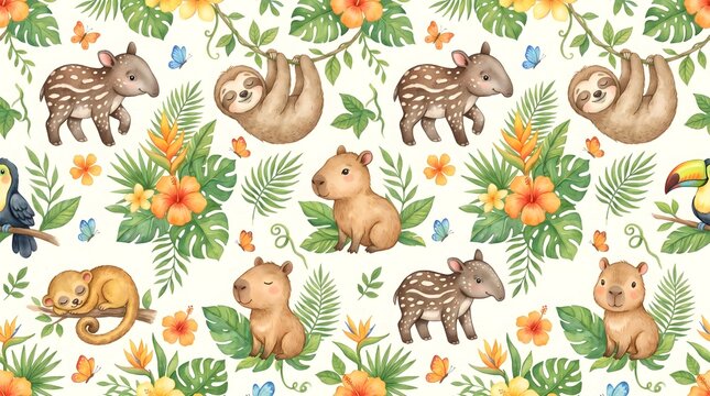 Baby Tropical Rainforest Animals Nursery Seamless Pattern Green Orange Watercolour