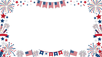 Obraz premium US Independence Day Celebration Frame with Fireworks Flags and Stars Patriotic Border for 4th of July Greeting Cards