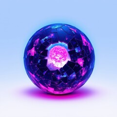 Fototapeta premium Fractured sphere contains cosmic explosion. Vivid purple, blue hues dominate composition. Dramatic lighting creates intense visual impact.