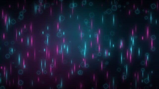 Abstract digital animation featuring neon magenta and cyan squares and vertical lines falling on a dark blue backdrop. Perfect for tech, gaming, or retro futuristic themes
