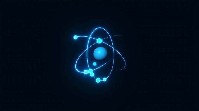 Dynamic glowing atom with orbiting electrons in motion