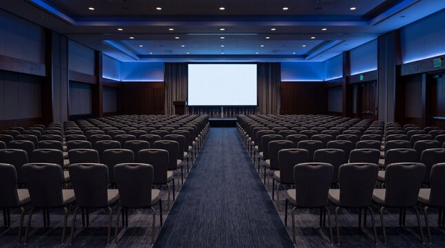 Empty Conference Hall with Projection Screen and Seating