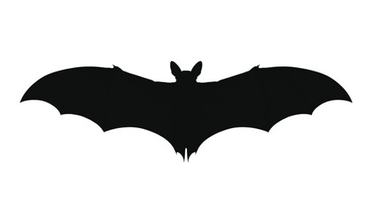 Fototapeta premium Bat silhouette displays its expansive wingspan in a symmetrical flying pose against a stark white backdrop, serving as an ideal graphic element for Halloween themes or biological design projects.