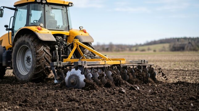 A yellow tractor plows the earth in a field. The farmer uses the equipment to turn over soil and prepare for future crops under a clear sky