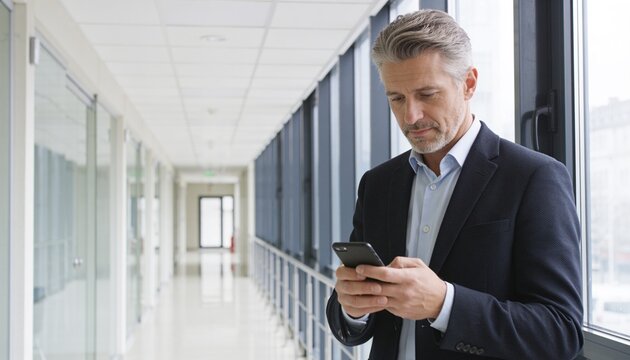 Professional middle-aged man with grey hair wearing a blazer and standing by a window in a corporate corridor while texting on his mobile phone for business communication.