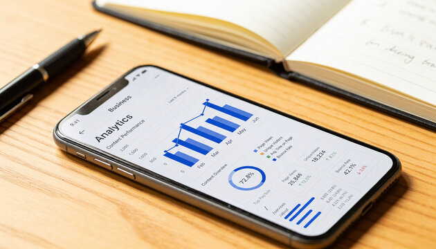 Smartphone displaying a business analytics dashboard with bar charts and line graphs on a wooden desk next to a pen and notebook for financial growth tracking.