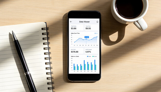 Professional smartphone showing business data analytics app with sales charts and graphs on a light wooden desk with a notebook and coffee for financial planning.