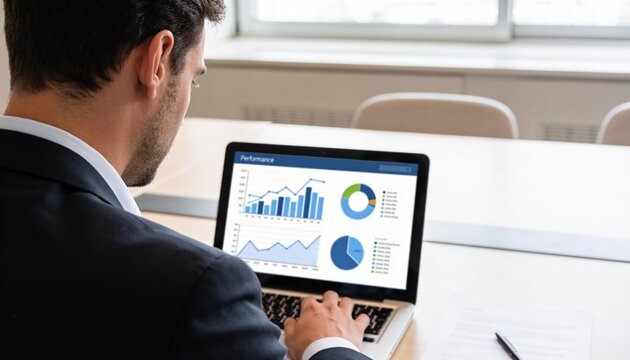 Professional businessman in a dark suit analyzing financial performance data and growth charts on a laptop in a bright modern corporate office for business intelligence.