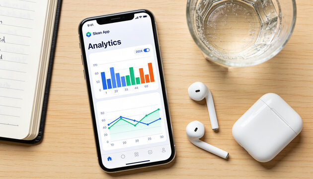 Smartphone showing business analytics and data charts on a wooden desk with wireless earbuds, a glass of water, and a notebook for productivity and financial tracking.