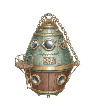 Vintage steampunk diving bell submersible with portholes gauges ladder and heavy chain detail illustration