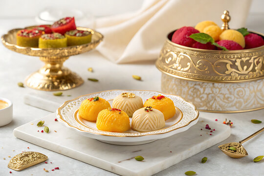 Traditional Bangladeshi Chomchom sweets, premium food campaign, elegant gold accents 
