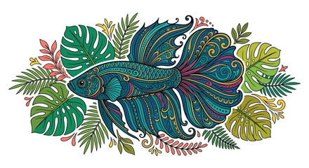 Fototapeta premium Ornate Betta Fish Surrounded by Tropical Leaves