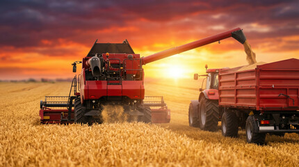 Fototapeta premium A combine harvester gathers wheat as a tractor waits to collect the grain. The setting sun creates warm light over the golden field. The scene captures the heart of the harvest season