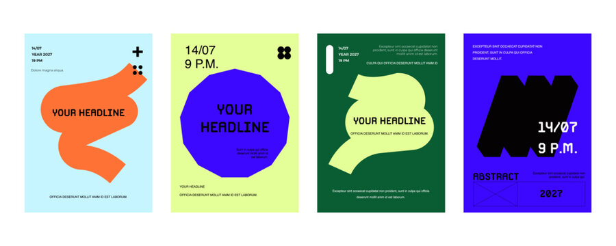 Posters with silhouette minimalistic basic figures, extraordinary graphic assets of geometrical shapes swiss style.	
