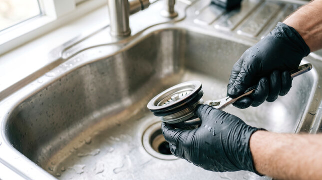 A person scrubs a kitchen sink drain with a tool while wearing black gloves. Water flows in the sink as sunlight comes through the nearby window