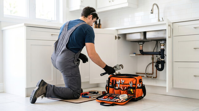 A plumber is fixing pipes under the kitchen sink. He is holding a wrench and has a tool bag beside him. It is daytime and the kitchen has white cabinets