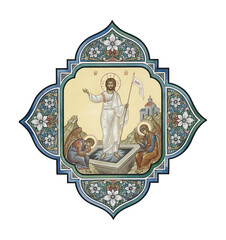 Obraz premium Jesus Christ resurrected standing over a tomb holding a banner with angels grieving in an ornate religious icon illustration