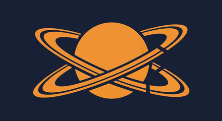 Orange Saturn planet symbol with rings on dark blue background, abstract space icon © rama