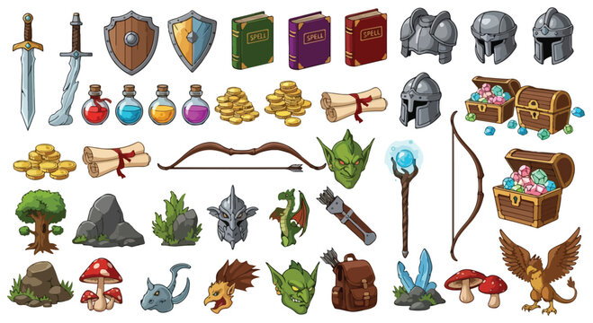 Fantasy RPG game assets collection, medieval adventure icons set with swords and armor, magic items and treasure chest vector illustrations