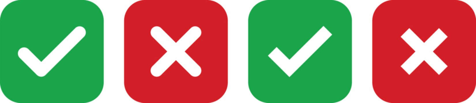 Green check mark and red cross sign.  tick and rejection symbol. correct or wrong choice sign. approval and denial button. approval badge sign. 