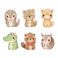 Obraz premium Cute happy smiling watercolor animal set including pangolin bear llama alligator beaver armadillo isolated on white