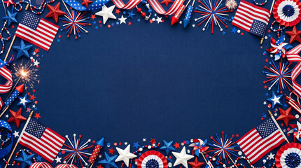 Obraz premium Patriotic decorations aligned on blue background for celebration