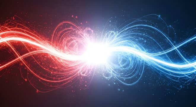 Vibrant red and blue light waves merging in a stunning visual effect