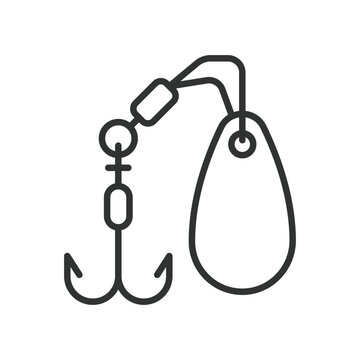 Fishing hook and sinker, icon in line design. hook, sinker, fishing, tackle, bait, equipment, angling on white background vector. Fishing hook and sinker editable stroke icon