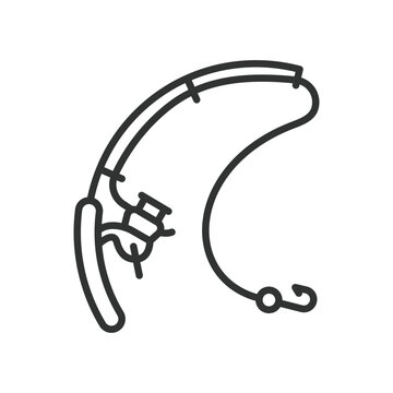 Fishing rod, icon in line design. rod, fishing, hook, reel, tackle, angling, equipment on white background vector. Fishing rod editable stroke icon
