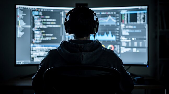 Professional software developer working on coding and data analysis at night.
